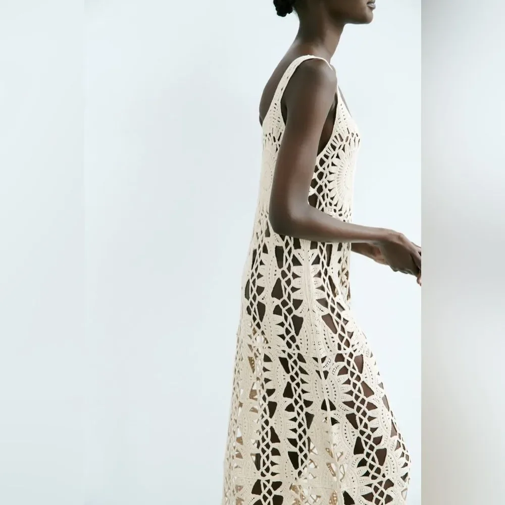 ZARA MACRAMÉ FRINGED KNIT DRESS - Picture 9 of 10